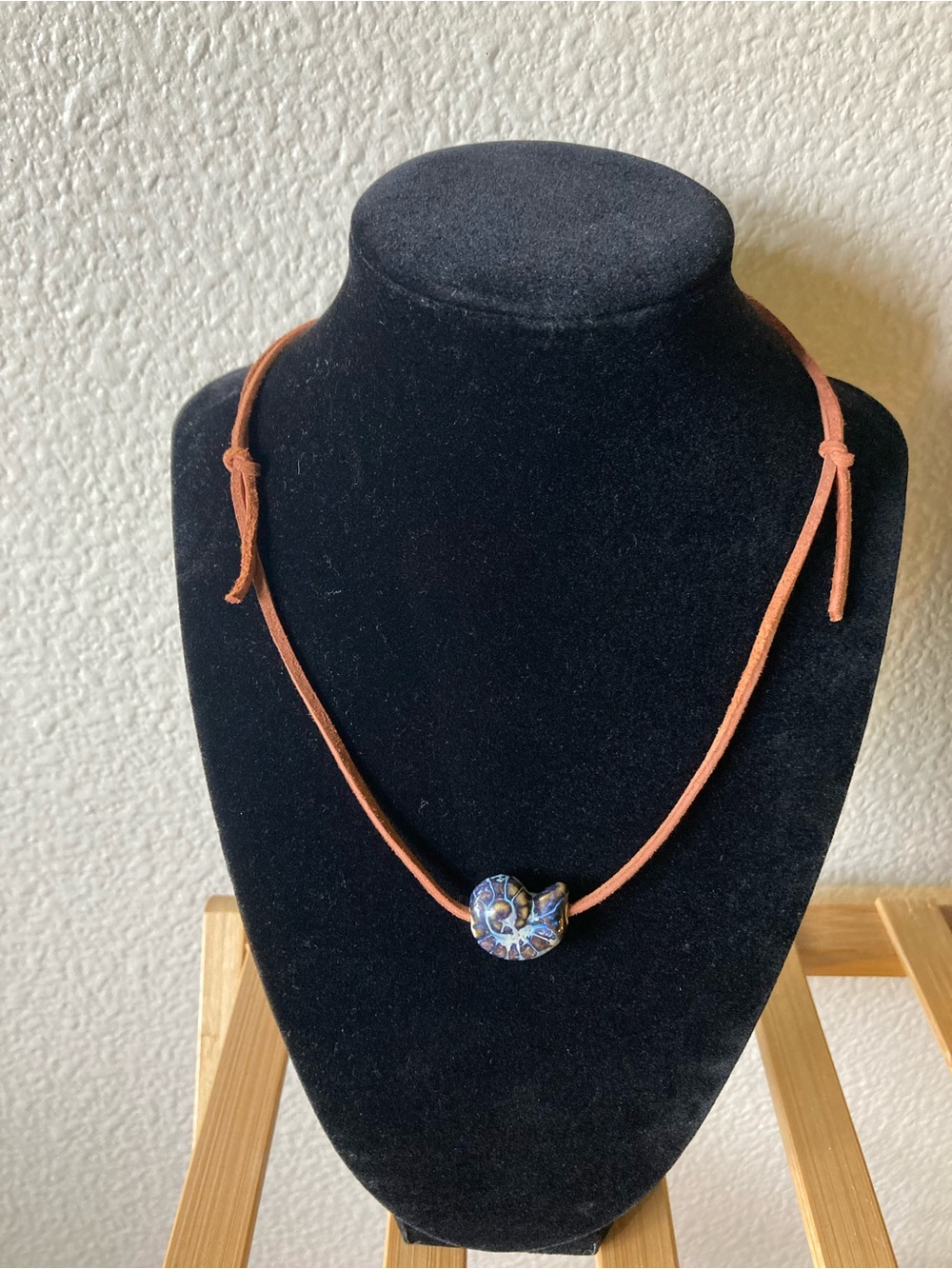 Blue Shell Pendant Necklace with Brown Suede Cord